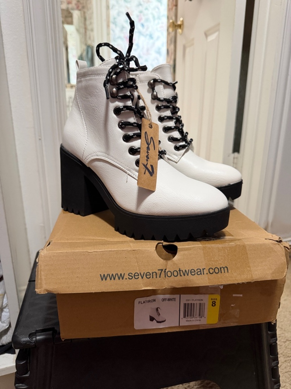 Seven7 White Lace-Up Platform Ankle Boots with Black Laces